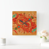 Funky Burnt Orange Red Turquoise Vintage Paisley Square Wall Clock (Home)