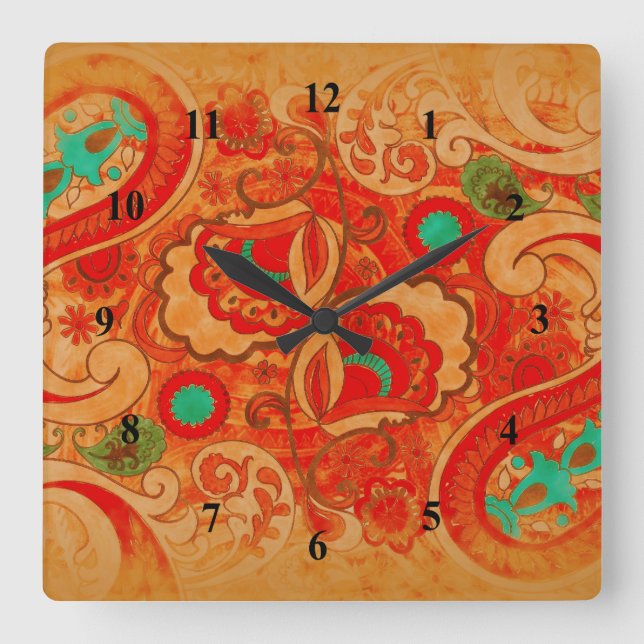 Funky Burnt Orange Red Turquoise Vintage Paisley Square Wall Clock (Front)