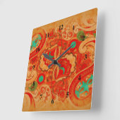 Funky Burnt Orange Red Turquoise Vintage Paisley Square Wall Clock (Angle)