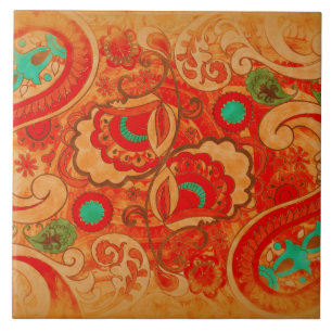 Funky Burnt Orange Red Turquoise Vintage Paisley Tile