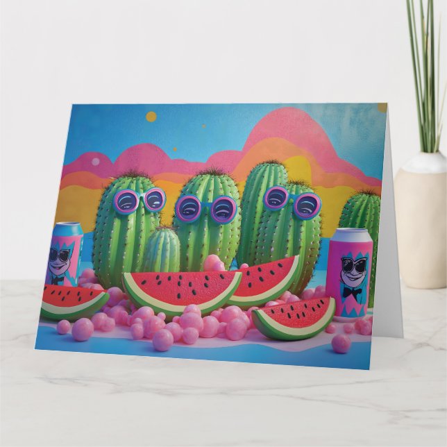 Funky Cacti with Sunglasses, Watermelon, and Candy Card (Front)