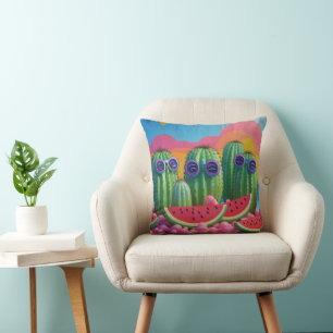 Funky Cacti with Sunglasses, Watermelon, and Candy Throw Pillow