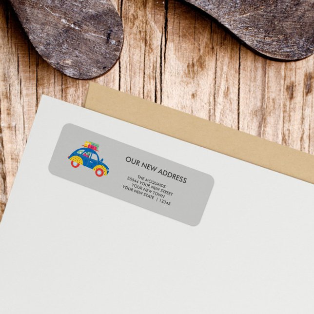 Funky Car Change of Address  Label (Blue car gray background Return Address Label)