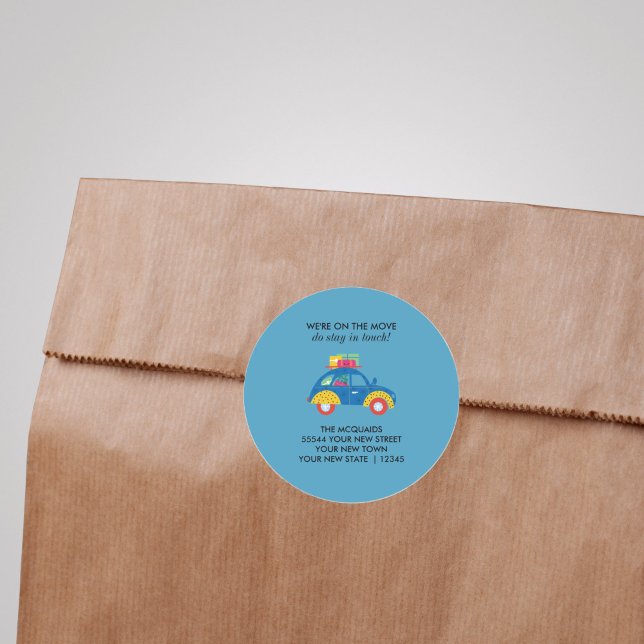 Funky Car on the Move Announcement  Classic Round Sticker (Funky Blue Car Moving Announcement Sticker)