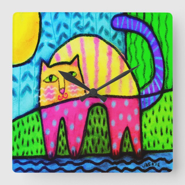 Funky Cat Abstract Painting Large Clock (Front)