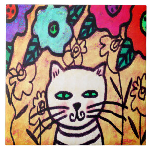 Funky Cat with Flowers Abstract Art Ceramic Tile
