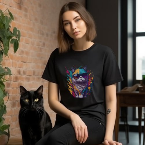 Funky Cat with Sunglasses Paint Splash Graphic T_Shirt