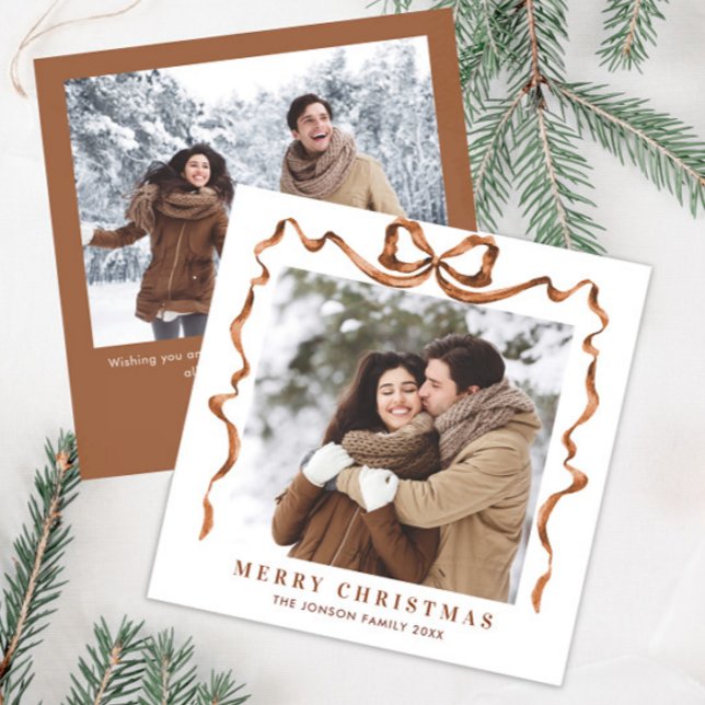 Funky Christmas Beige Boho Bow Ribbon 2 Photo Holiday Card (Creator Uploaded)