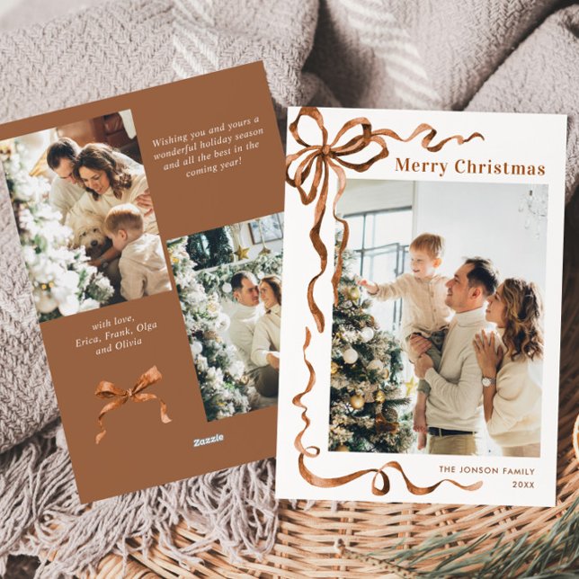 Funky Christmas Beige Boho Bow Ribbon 3 Photo Holiday Card (Creator Uploaded)