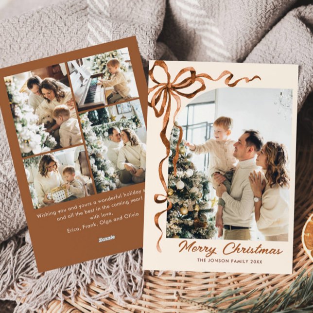 Funky Christmas Beige Boho Bow Ribbon 5 Photo Holiday Card (Creator Uploaded)