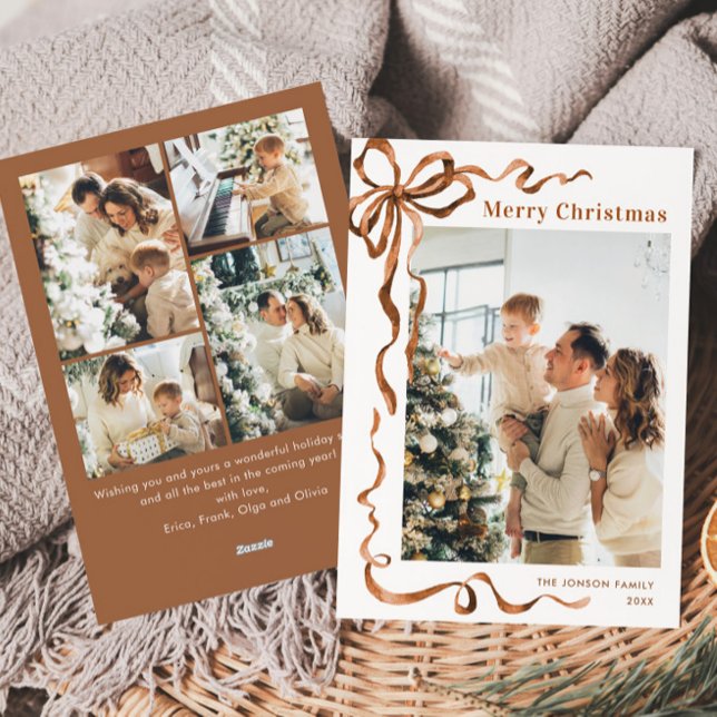 Funky Christmas Beige Boho Bow Ribbon 5 Photo Holiday Card (Creator Uploaded)