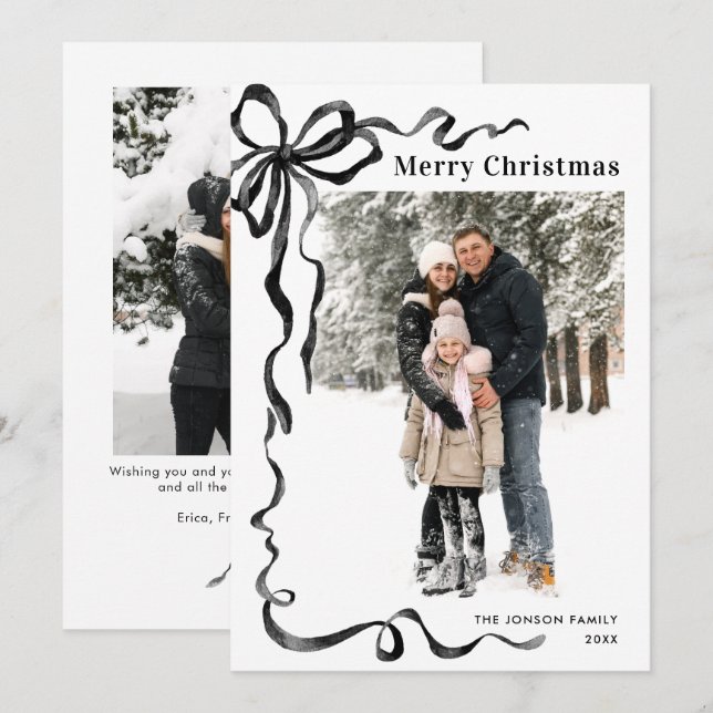 Funky Christmas Boho Black Bow Ribbon 2 Photo Holiday Card (Front/Back)