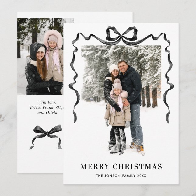 Funky Christmas Boho Black Bow Ribbon 3 Photo Holiday Card (Front/Back)