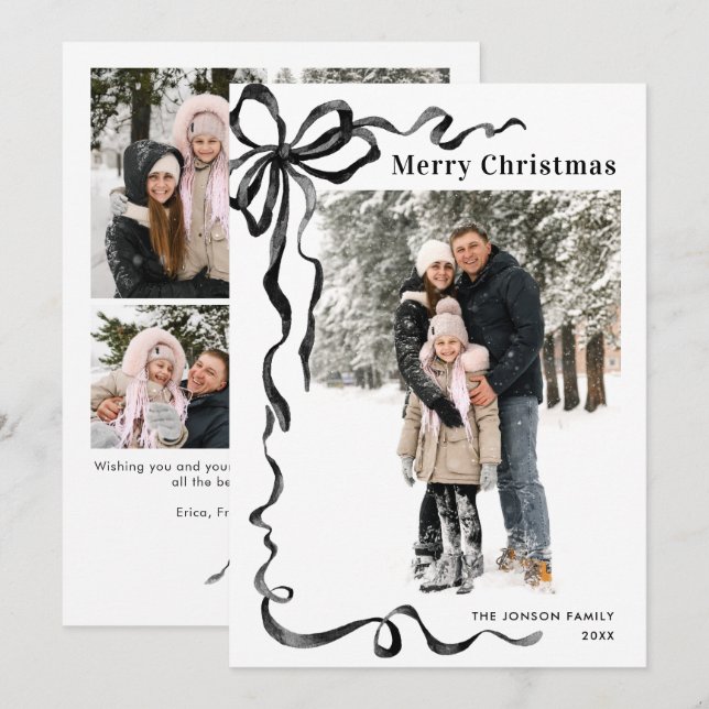 Funky Christmas Boho Black Bow Ribbon 5 Photo Holiday Card (Front/Back)