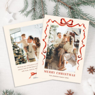 Funky Christmas Boho Red Bow Ribbon 2 Photo Holiday Card
