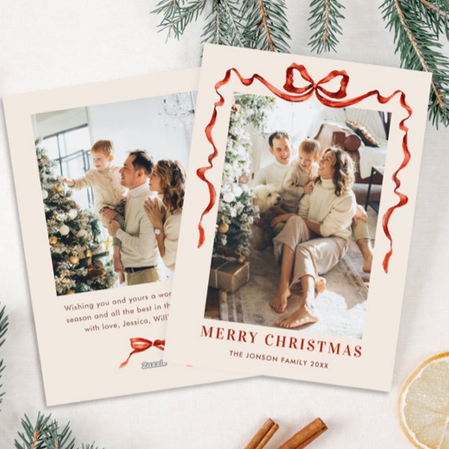 Funky Christmas Boho Red Bow Ribbon 2 Photo Holiday Card (Creator Uploaded)