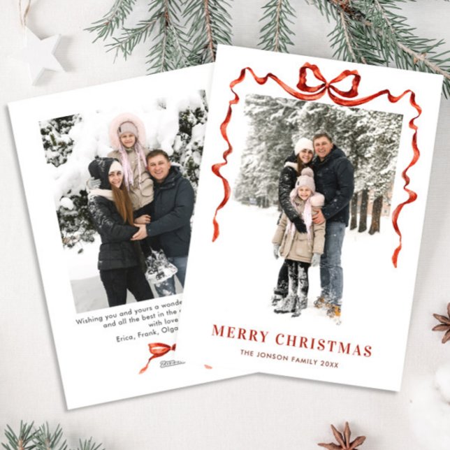 Funky Christmas Boho Red Bow Ribbon 2 Photo Holiday Card (Creator Uploaded)