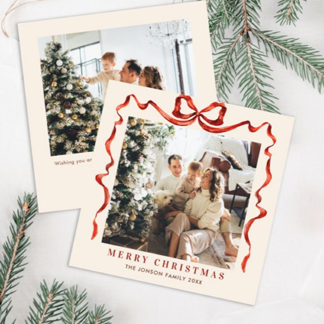 Funky Christmas Boho Red Bow Ribbon 2 Photo Holiday Card (Creator Uploaded)