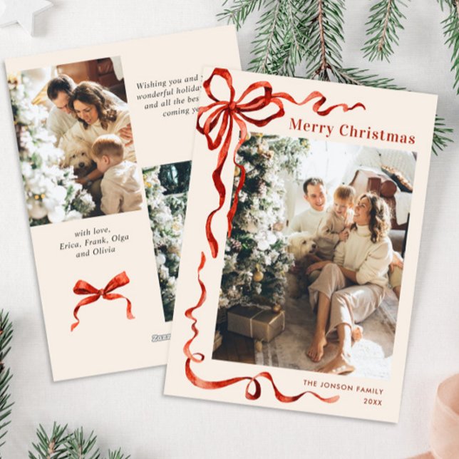 Funky Christmas Boho Red Bow Ribbon 3 Photo Holiday Card (Creator Uploaded)