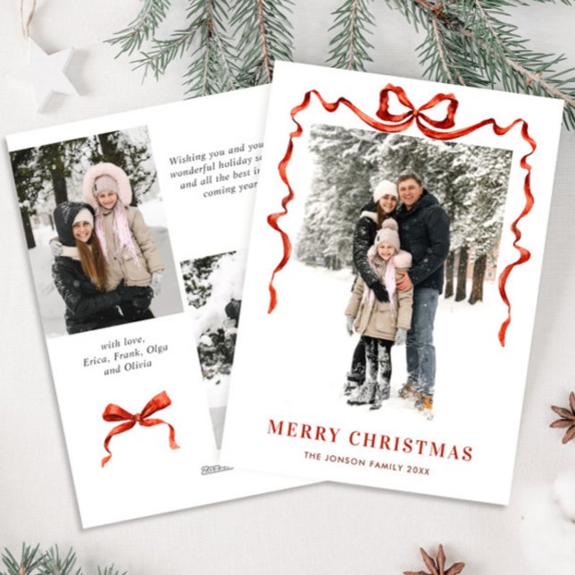 Funky Christmas Boho Red Bow Ribbon 3 Photo Holiday Card (Creator Uploaded)