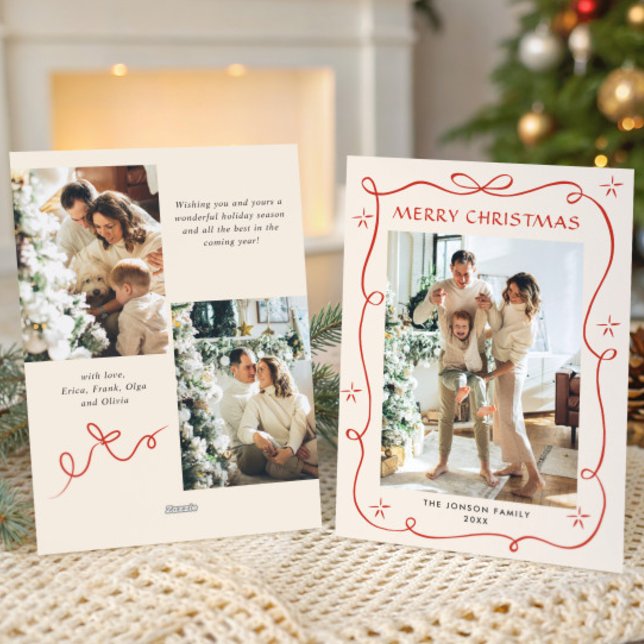 Funky Christmas Boho Red Bow Ribbon 3 Photo Holiday Card (Creator Uploaded)