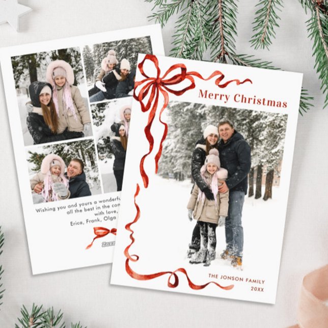 Funky Christmas Boho Red Bow Ribbon 5 Photo Holiday Card (Creator Uploaded)