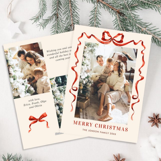 Funky Christmas Boho Red Bow Ribbon 5 Photo Holiday Card (Creator Uploaded)