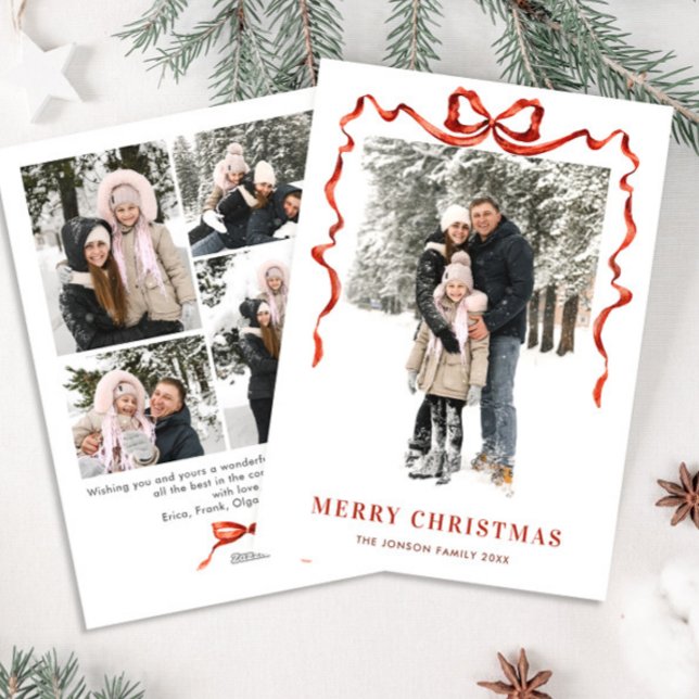 Funky Christmas Boho Red Bow Ribbon 5 Photo Holiday Card (Creator Uploaded)