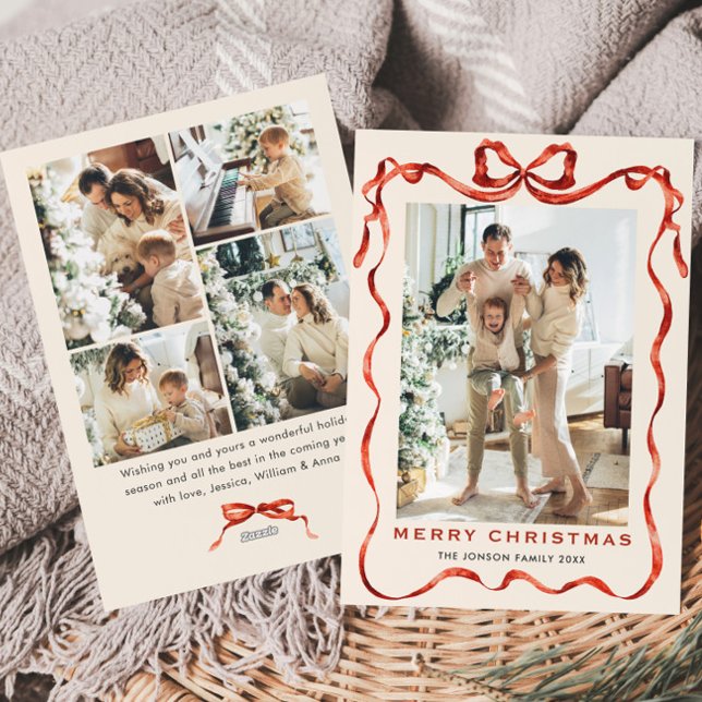 Funky Christmas Boho Red Bow Ribbon 5 Photo Holiday Card (Creator Uploaded)