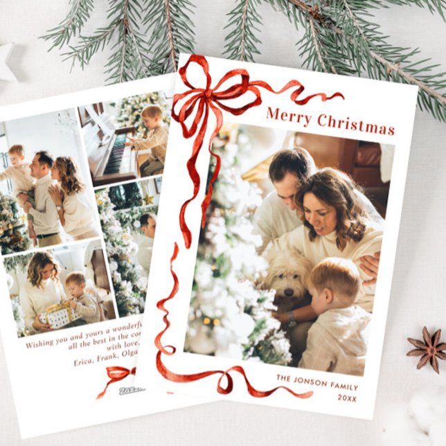Funky Christmas Boho Red Bow Ribbon 5 Photo Holiday Card (Creator Uploaded)