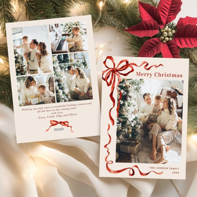 Funky Christmas Boho Red Bow Ribbon 5 Photo Holiday Card (Creator Uploaded)