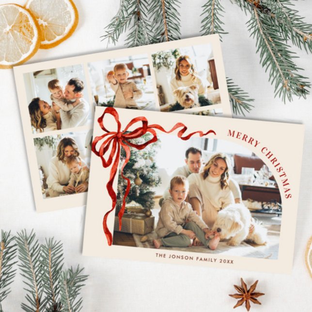 Funky Christmas Boho Red Bow Ribbon 6 Photo Holiday Card (Creator Uploaded)