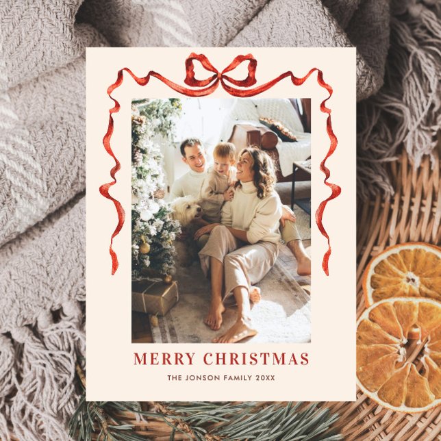 Funky Christmas Boho Red Bow Ribbon Photo Postcard (Creator Uploaded)