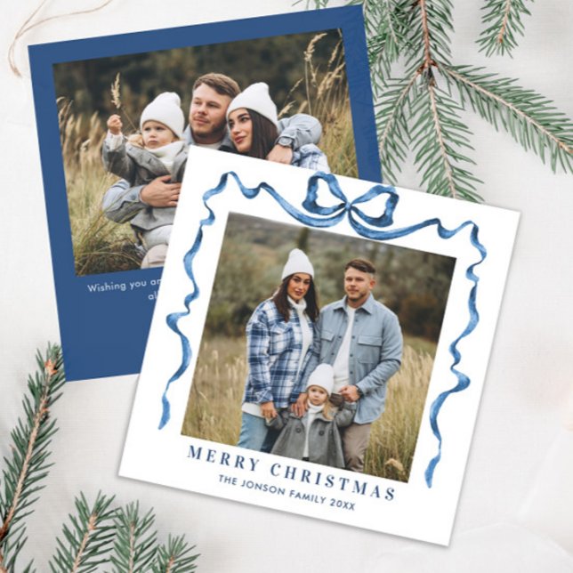 Funky Christmas Dusty Blue Bow Ribbon 2 Photo Holiday Card (Creator Uploaded)