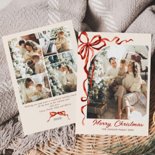 Funky Christmas Red Bow Ribbon 5 Photo Holiday Card