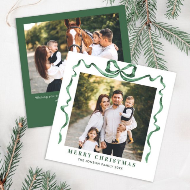 Funky Christmas Sage Green Bow Ribbon 2 Photo Holiday Card (Creator Uploaded)