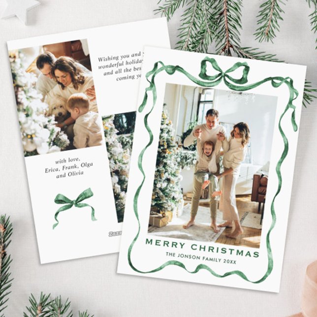 Funky Christmas Sage Green Bow Ribbon 3 Photo Holiday Card (Creator Uploaded)