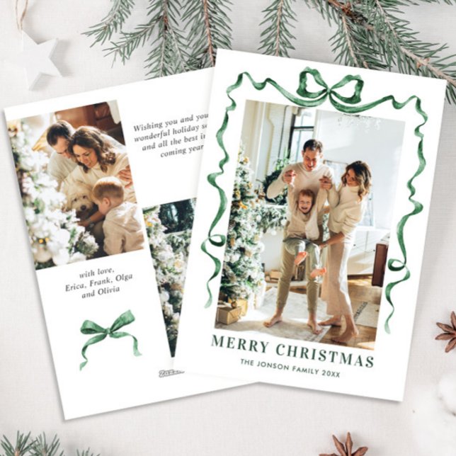 Funky Christmas Sage Green Bow Ribbon 3 Photo Holiday Card (Creator Uploaded)