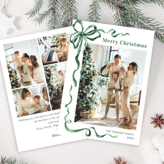 Funky Christmas Sage Green Bow Ribbon 5 Photo Holiday Card (Creator Uploaded)