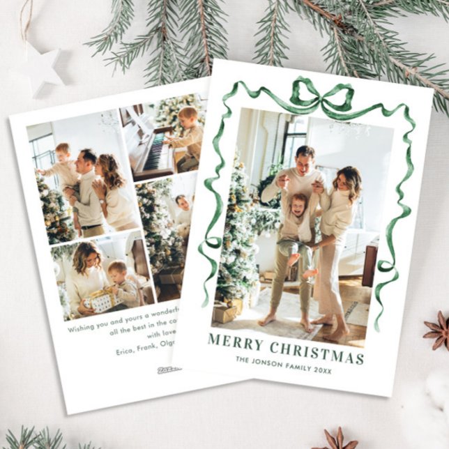 Funky Christmas Sage Green Bow Ribbon 5 Photo Holiday Card (Creator Uploaded)