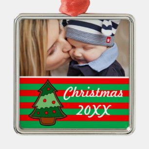 Funky Christmas Tree and Stripes Custom Photo Metal Ornament