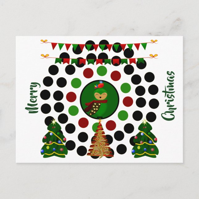 Funky Christmas Tree Owl Polka Dots Holiday Postcard (Front)