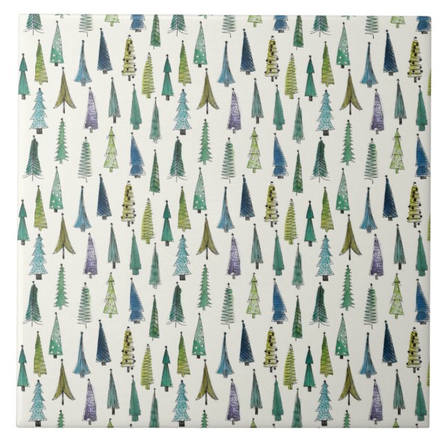 Funky Christmas Trees (Cute Illustrated Art) Ceramic Tile (Front)