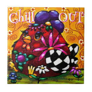 Funky Chunky Floral Chicken Colorful Personalized Ceramic Tile