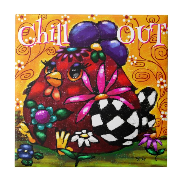 Funky Chunky Floral Chicken Colorful Personalized Ceramic Tile (Front)
