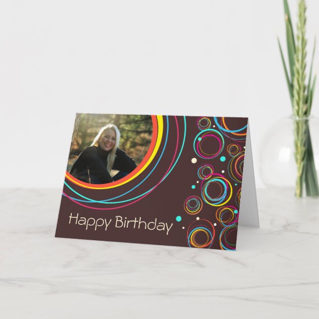 Funky circles add your picture birthday card brown (Front)