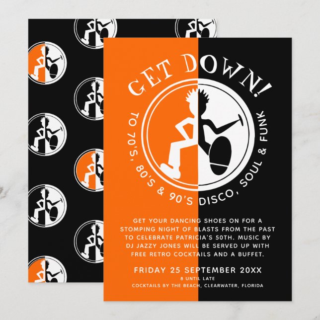 Funky clubber black orange get down retro party invitation (Front/Back)