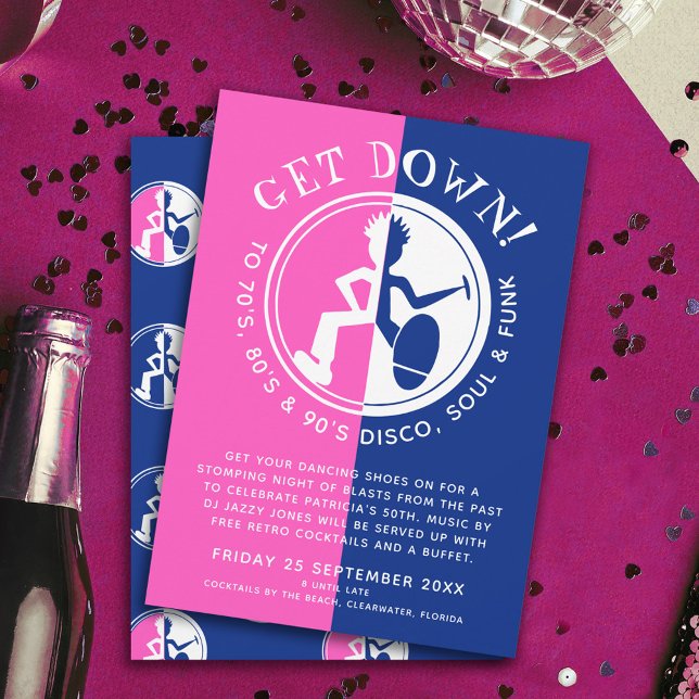 Funky clubber blue pink get down retro party invitation (Creator Uploaded)