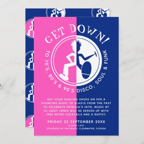 Funky clubber blue pink get down retro party invitation