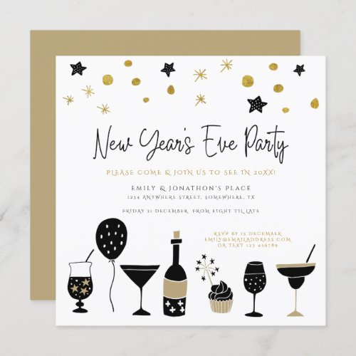 Funky Cocktails Champagne Gold Black New Years Eve Invitation